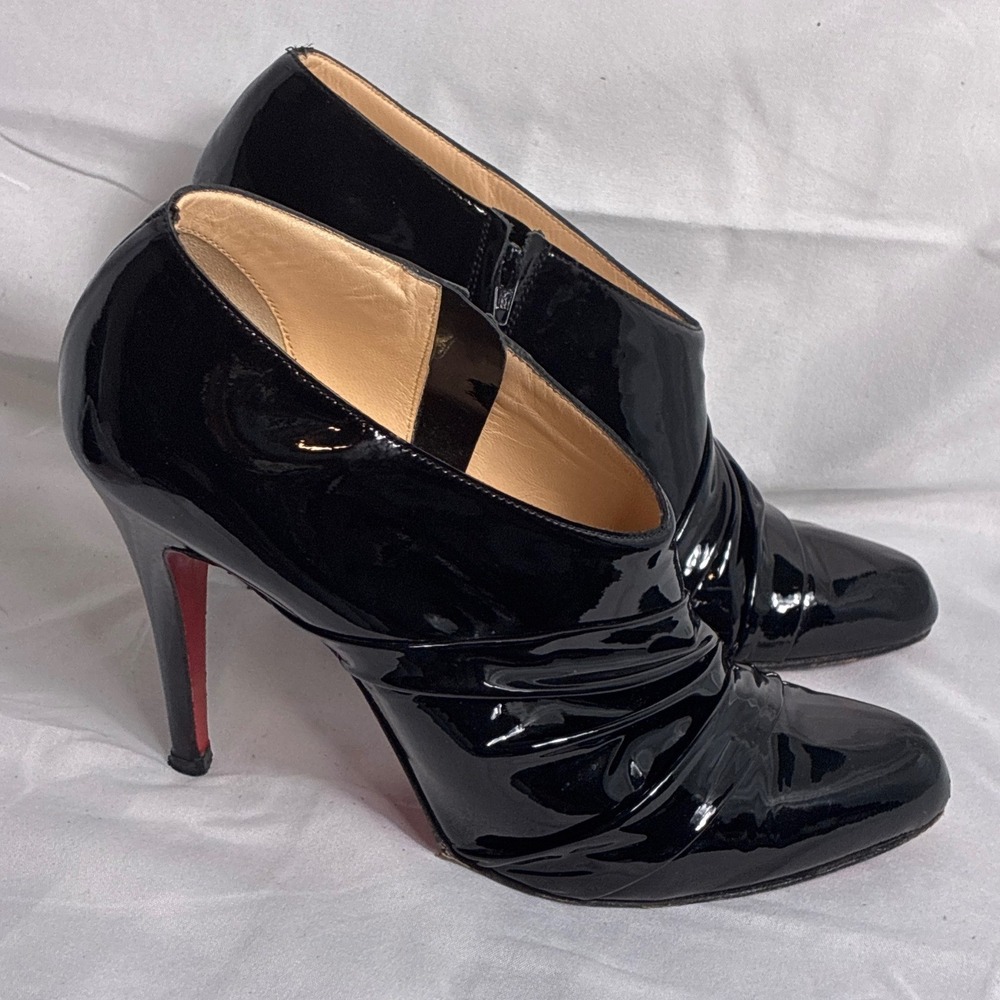 Christian Louboutin Black Patent Leather Pleated Booties Red Bottom Heels 37